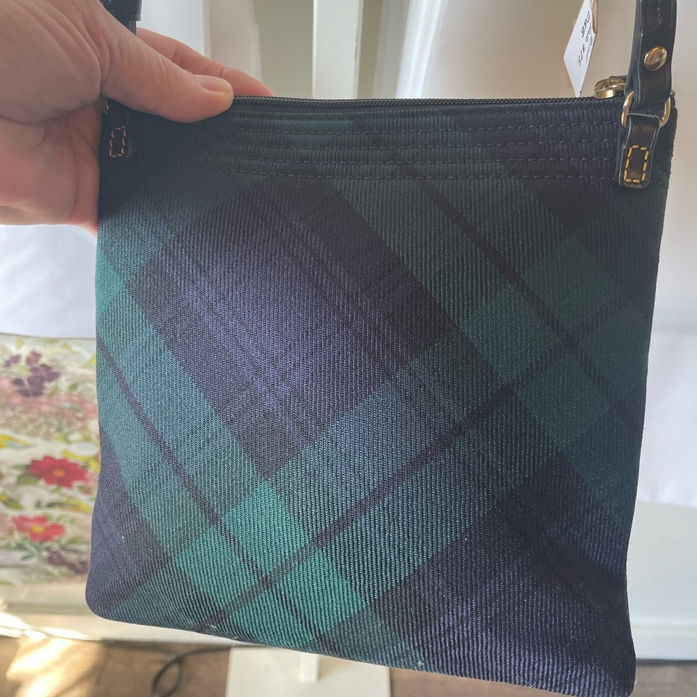 Dooney and Bourke crossbody, navy blue and green plaid. In perfect condition.